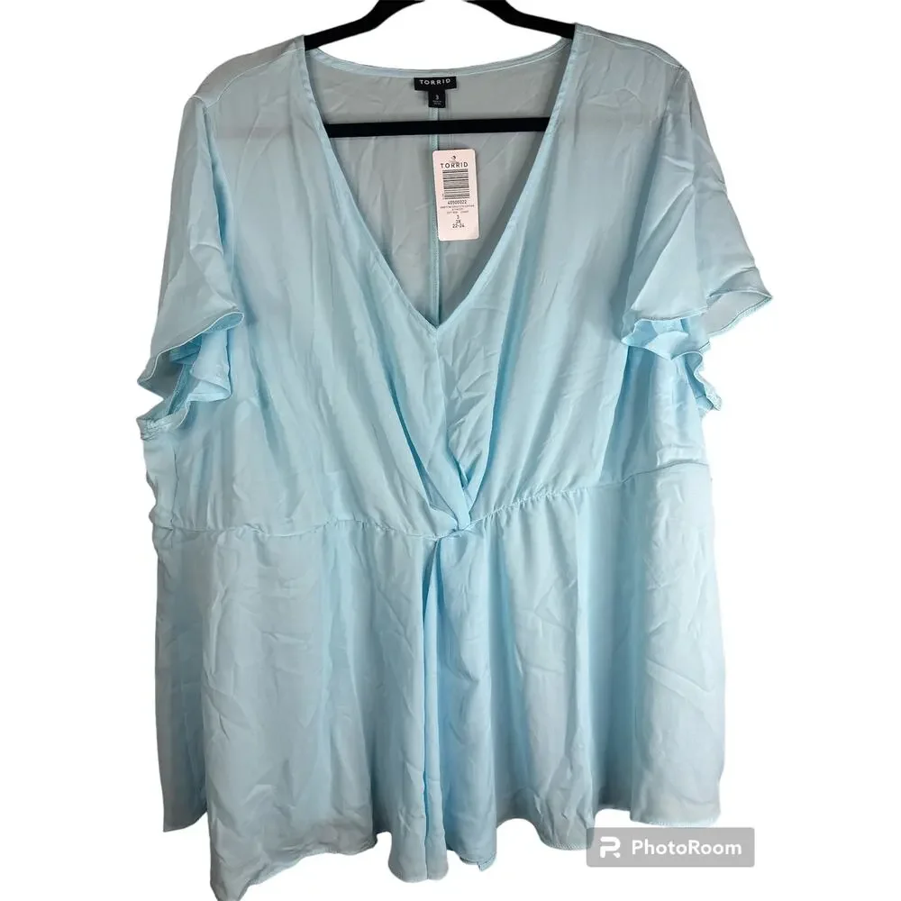 NWT Torrid Blue Georgette Twist Surplice Flutter Sleeve V Neck Blouse Size 3(3X)